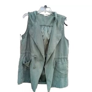 May & July Jacket Womens Size M Olive Green Open Sleeveless Hoodie Jacket